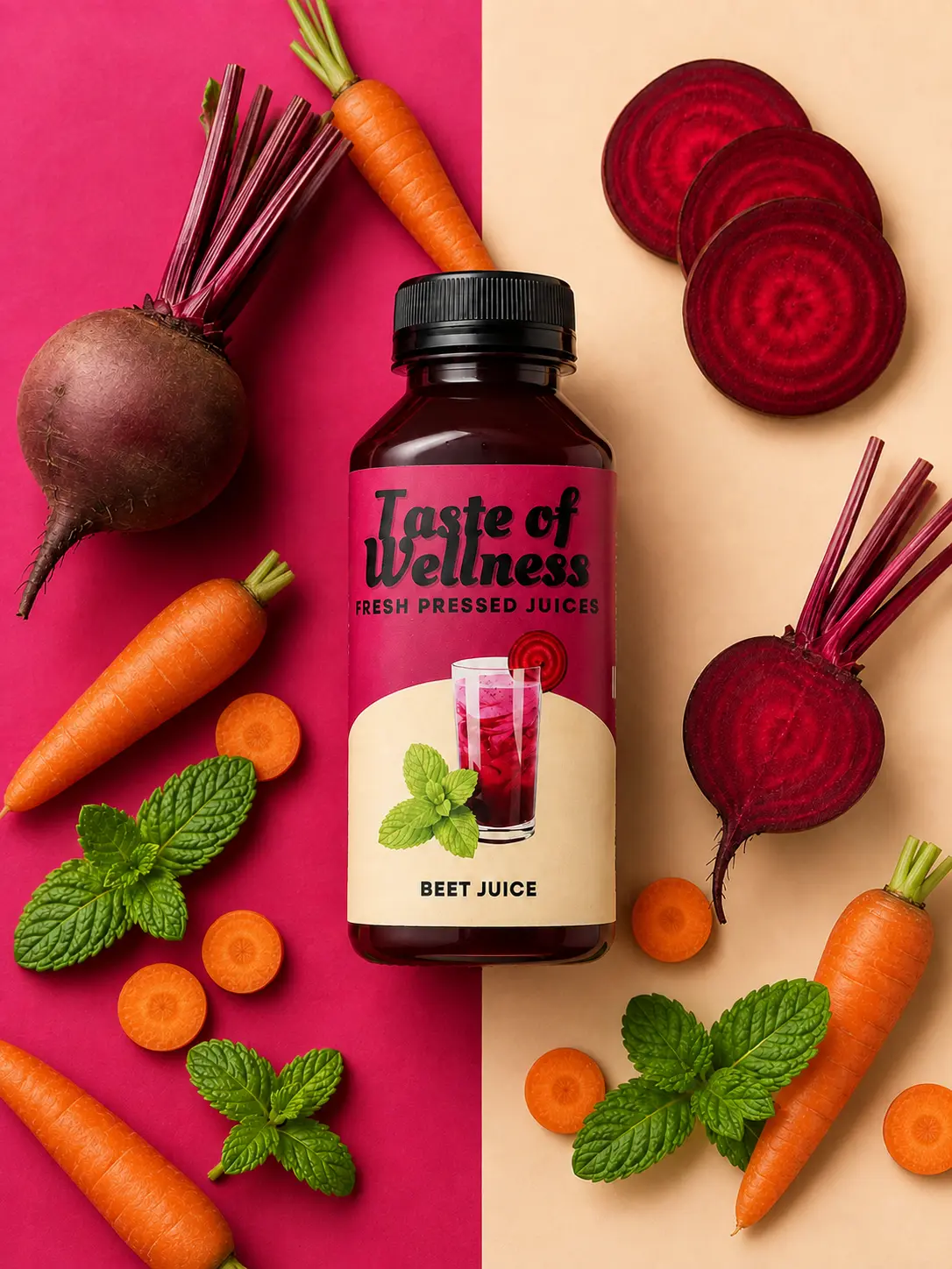 Beet Juice bottle surrounded by its fresh ingredients