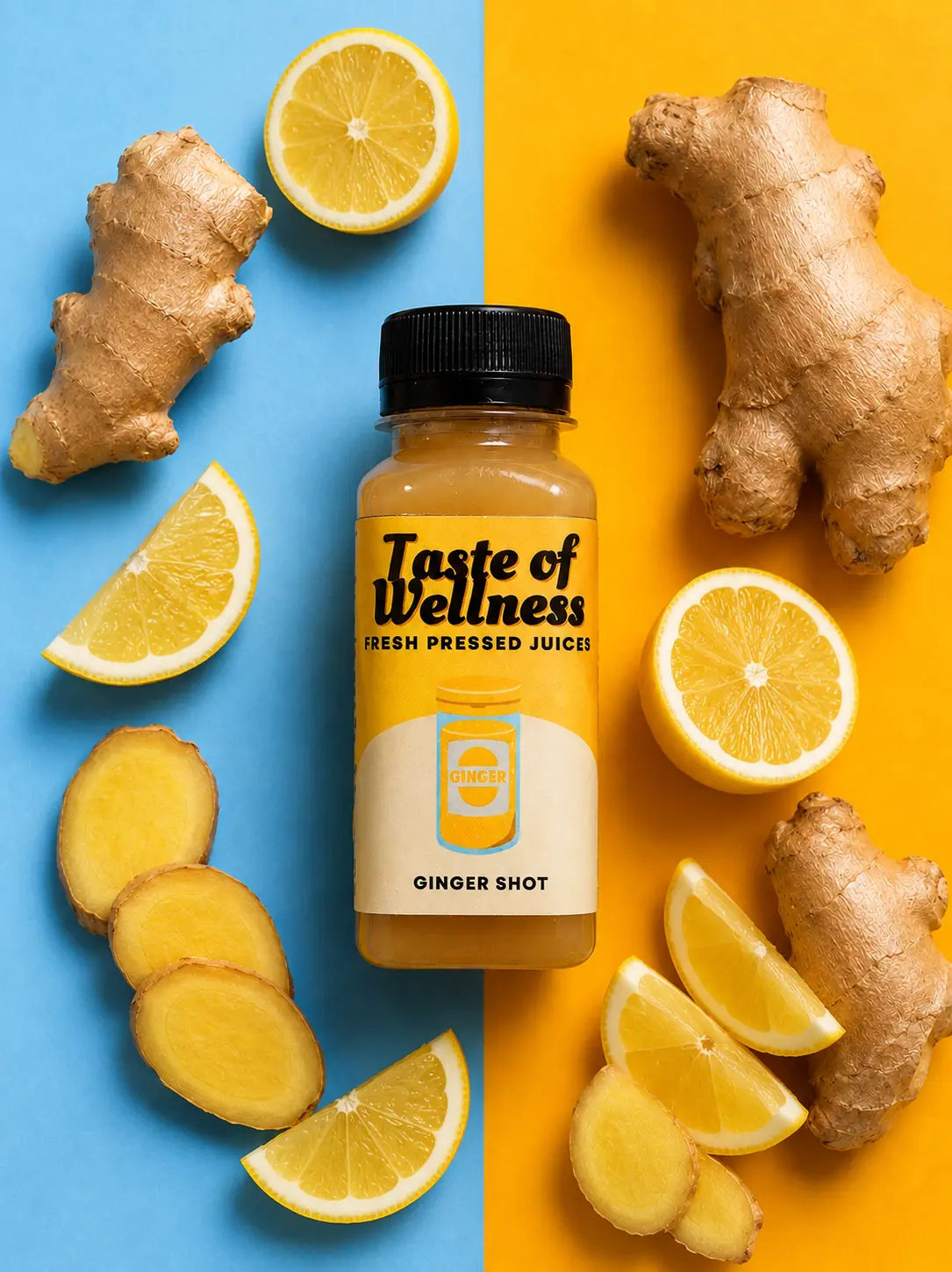Ginger Shot bottle surrounded by its fresh ingredients