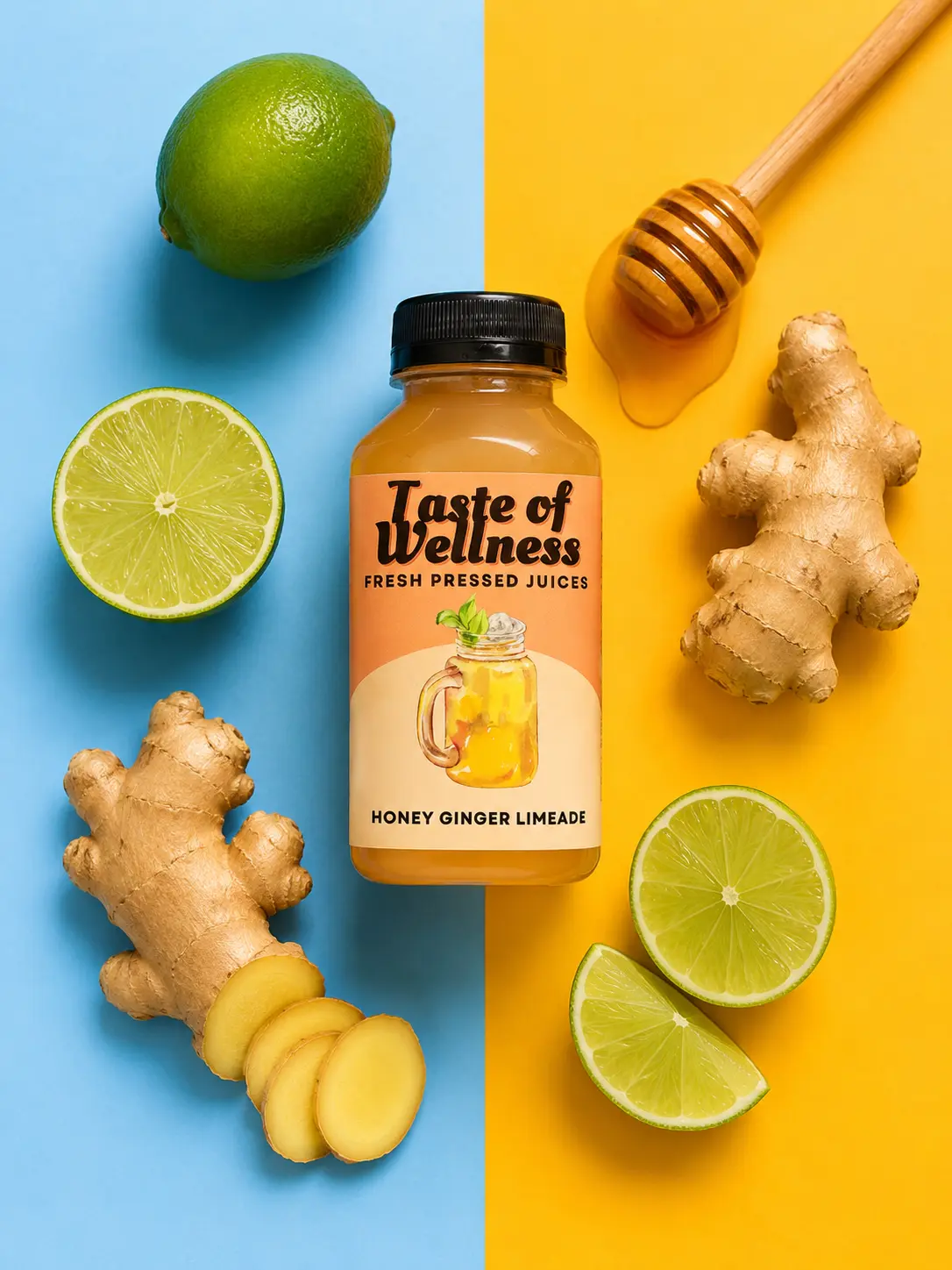 Honey Ginger Limeade bottle surrounded by its fresh ingredients