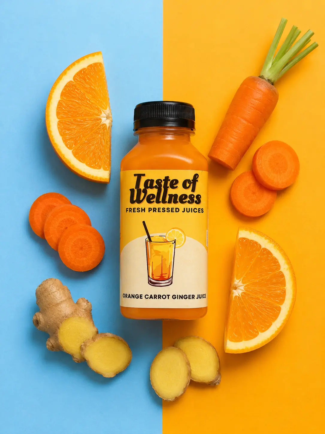 Orange Carrot Ginger Juice bottle surrounded by its fresh ingredients