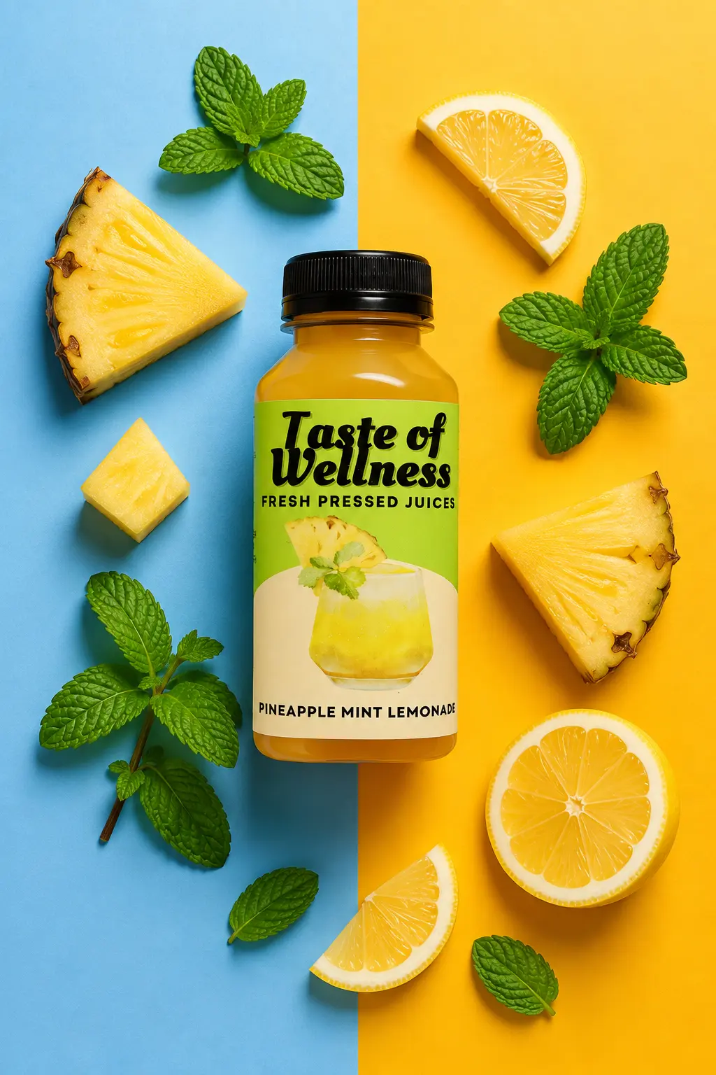 Pineapple Mint Lemonade bottle surrounded by its fresh ingredients