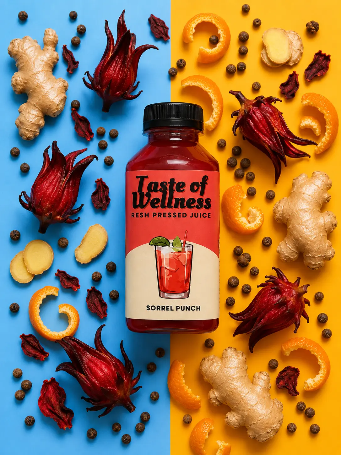 Sorrel Punch bottle surrounded by its fresh ingredients